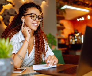 woman attending webinar