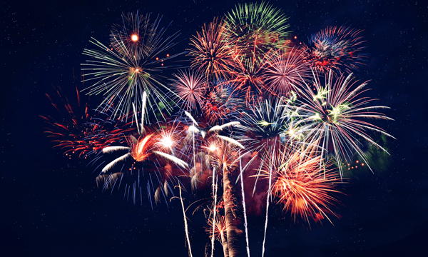 Fireworks lighting up night sky.