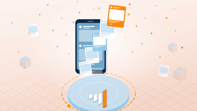An illustrated phone with social posts on top