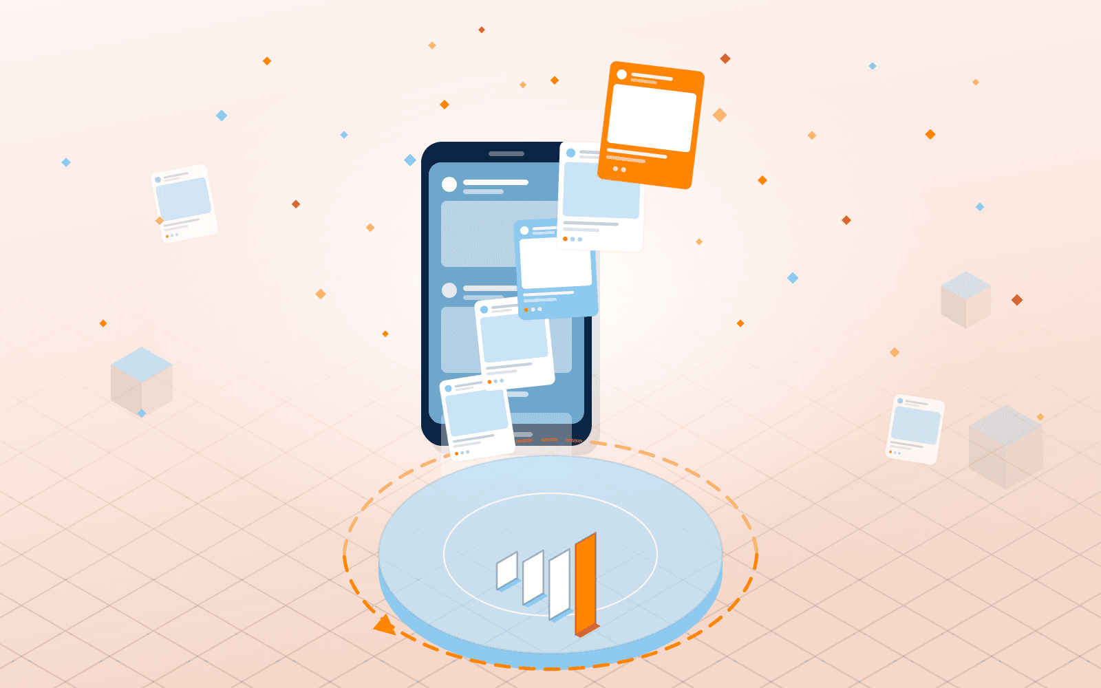 An illustrated phone with social posts on top