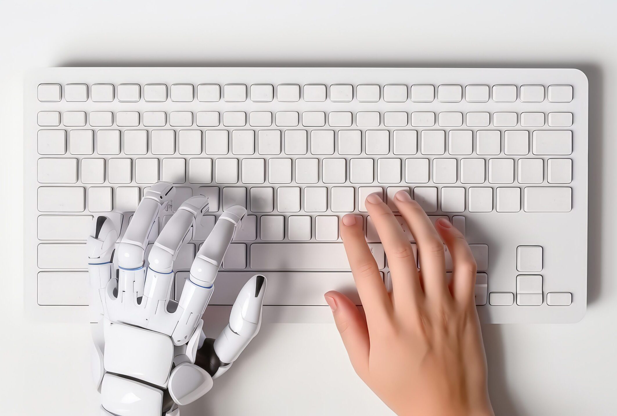 Robot and human hands typing.
