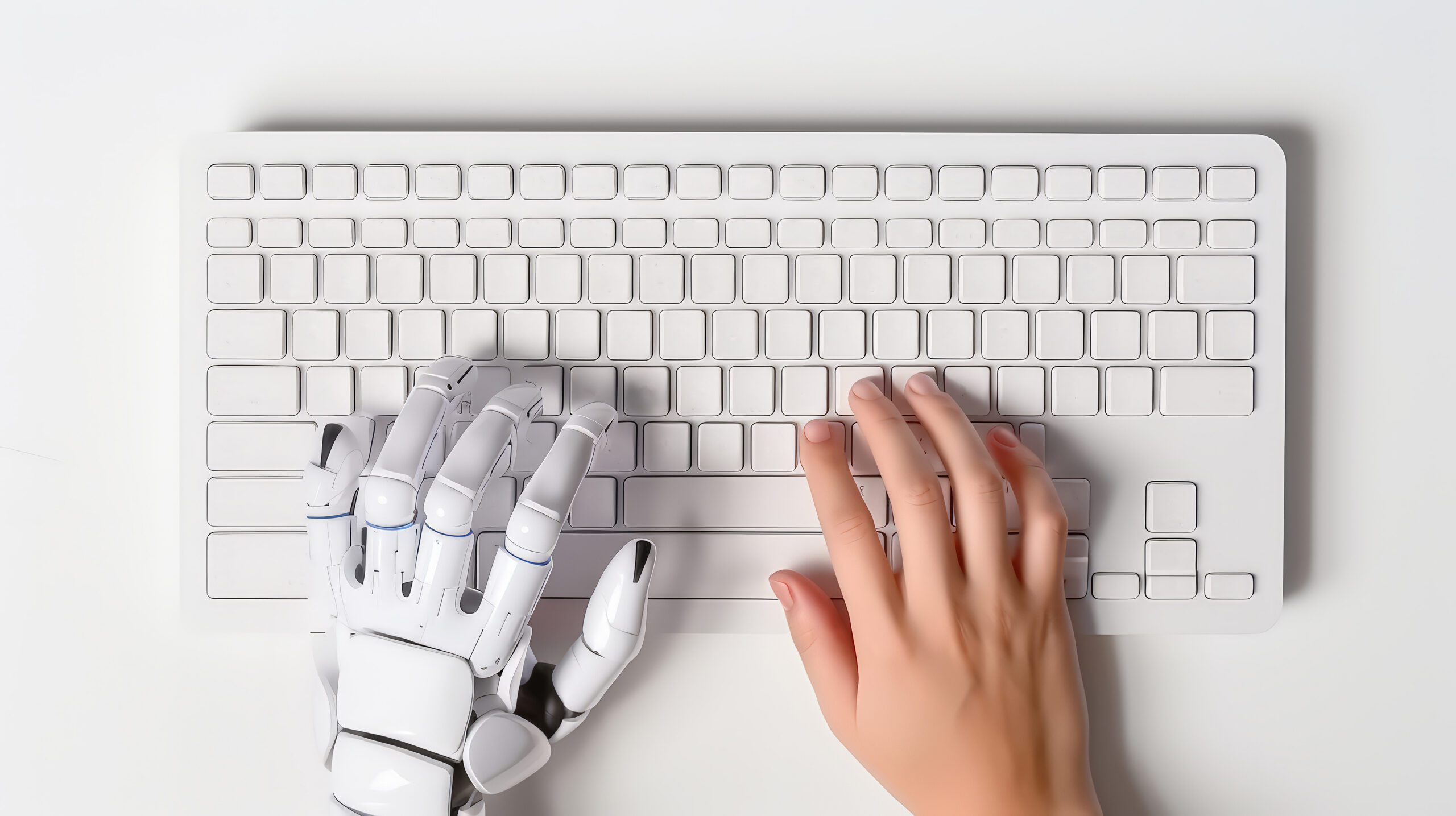 Robot and human hands typing.